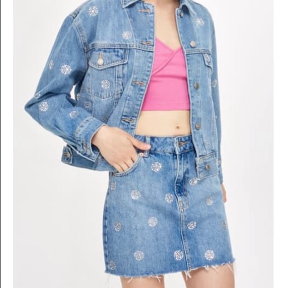 TopShop Diamante Polka Dot Nonstretch Denim Skirt